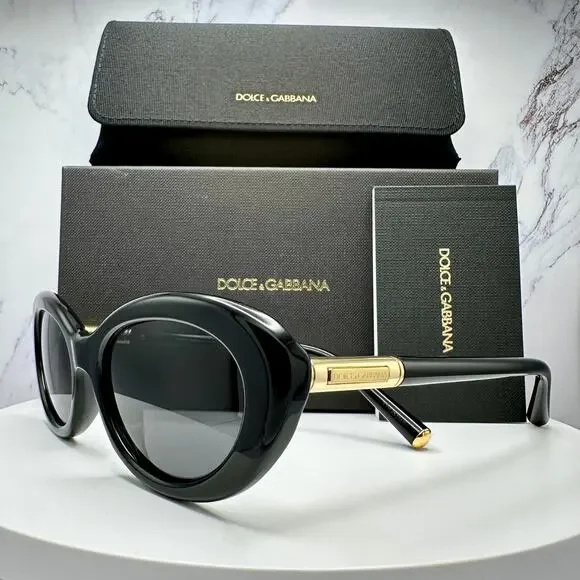 New Dolce & Gabbana Sunglasses Black Oval Cat Eye Gold Metal Logo 54-18 - Picture 8 of 16